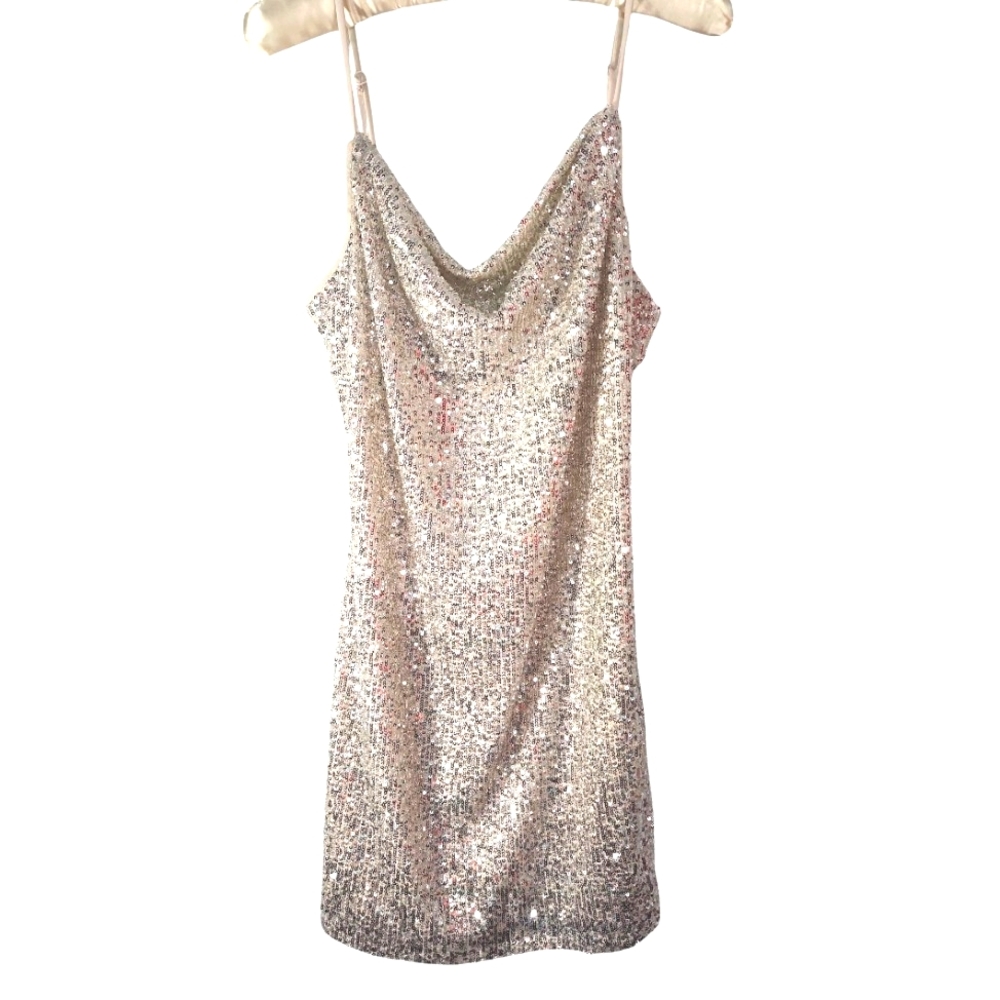 Bebe Beige With Silver Sequin Embellished Mini Dress. M